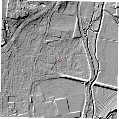 Shaded relief map of the ground around LU72UN, computed from Environment Agency LiDAR. The ground here sits at about 82 m above sea level and falls 14 m across the surrounding 800 m. Surface water reaching this point runs off ground lying to the west-north-west, 6.4 m higher.