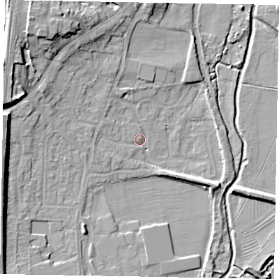 Shaded relief map of the ground around LU72UP, computed from Environment Agency LiDAR. The ground here sits at about 83 m above sea level and falls 14 m across the surrounding 800 m. Surface water reaching this point runs off ground lying to the west-north-west, 11.9 m higher.