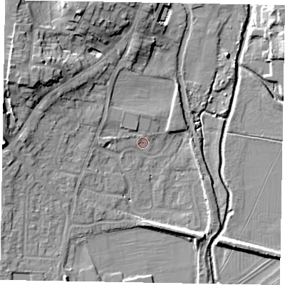 Shaded relief map of the ground around LU72UR, computed from Environment Agency LiDAR. The ground here sits at about 83 m above sea level and falls 14 m across the surrounding 800 m. Surface water reaching this point runs off ground lying to the north-north-west, 12.8 m higher.
