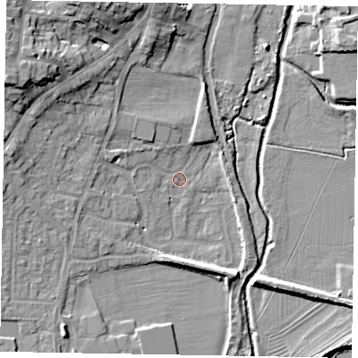 Shaded relief map of the ground around LU72UT, computed from Environment Agency LiDAR. The ground here sits at about 82 m above sea level and falls 13 m across the surrounding 800 m. Surface water reaching this point runs off ground lying to the west, 5.9 m higher.