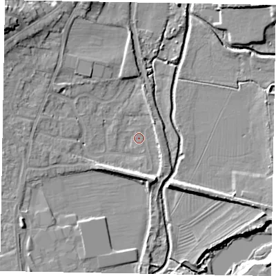 Shaded relief map of the ground around LU72UW, computed from Environment Agency LiDAR. The ground here sits at about 81 m above sea level and falls 12 m across the surrounding 800 m. Surface water reaching this point runs off ground lying to the south-west, 3.4 m higher.