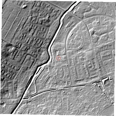 Shaded relief map of the ground around LU73DP, computed from Environment Agency LiDAR. The ground here sits at about 86 m above sea level and falls 14 m across the surrounding 800 m. Surface water reaching this point runs off ground lying to the east, 1.7 m higher.