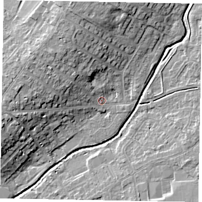 Shaded relief map of the ground around LU73FL, computed from Environment Agency LiDAR. The ground here sits at about 86 m above sea level and falls 14 m across the surrounding 800 m. Surface water reaching this point runs off ground lying to the west-north-west, 9.5 m higher.