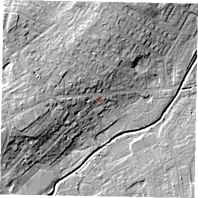 Shaded relief map of the ground around LU73FN, computed from Environment Agency LiDAR. The ground here sits at about 89 m above sea level and falls 14 m across the surrounding 800 m. Surface water reaching this point runs off ground lying to the west, 6.8 m higher.
