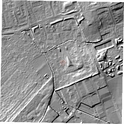 Shaded relief map of the ground around LU73FS, computed from Environment Agency LiDAR. The ground here sits at about 90 m above sea level and falls 13 m across the surrounding 800 m. Surface water reaching this point runs off ground lying to the east-south-east, 5.1 m higher.