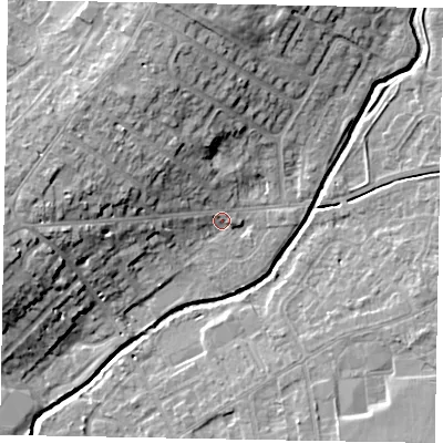 Shaded relief map of the ground around LU73FX, computed from Environment Agency LiDAR. The ground here sits at about 86 m above sea level and falls 14 m across the surrounding 800 m. Surface water reaching this point runs off ground lying to the north-west, 9.3 m higher.