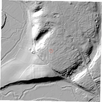 Shaded relief map of the ground around LU73JN, computed from Environment Agency LiDAR. The ground here sits at about 101 m above sea level and falls 34 m across the surrounding 800 m. Surface water reaching this point runs off ground lying to the north-north-east, 5.4 m higher.