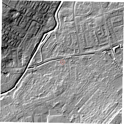 Shaded relief map of the ground around LU73JU, computed from Environment Agency LiDAR. The ground here sits at about 86 m above sea level and falls 13 m across the surrounding 800 m. Surface water reaching this point runs off ground lying to the south-east, 7.3 m higher.