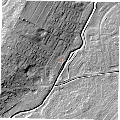 Shaded relief map of the ground around LU73LA, computed from Environment Agency LiDAR. The ground here sits at about 85 m above sea level and falls 15 m across the surrounding 800 m. Surface water reaching this point runs off ground lying to the north, 6.2 m higher.
