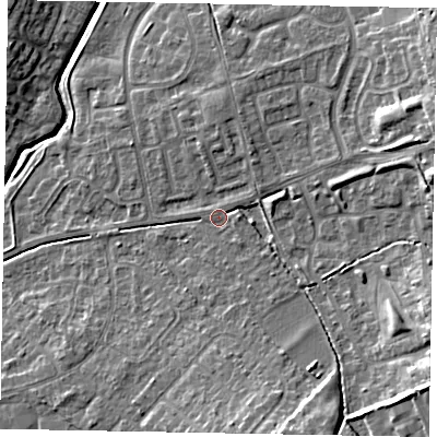Shaded relief map of the ground around LU73LJ, computed from Environment Agency LiDAR. The ground here sits at about 88 m above sea level and falls 13 m across the surrounding 800 m. Surface water reaching this point runs off ground lying to the south-east, 9.2 m higher.