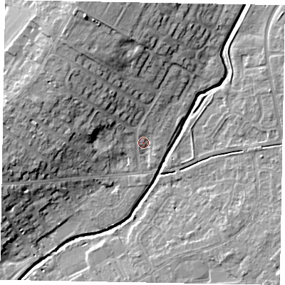 Shaded relief map of the ground around LU73LQ, computed from Environment Agency LiDAR. The ground here sits at about 85 m above sea level and falls 16 m across the surrounding 800 m. Surface water reaching this point runs off ground lying to the north-north-west, 12.3 m higher.