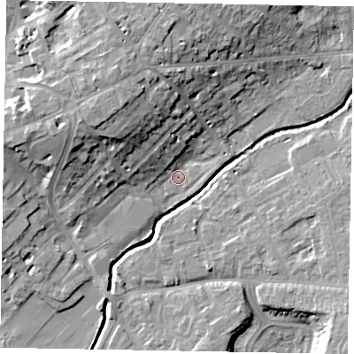Shaded relief map of the ground around LU73LR, computed from Environment Agency LiDAR. The ground here sits at about 84 m above sea level and falls 15 m across the surrounding 800 m. Surface water reaching this point runs off ground lying to the north-north-west, 11.9 m higher.