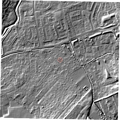 Shaded relief map of the ground around LU73LS, computed from Environment Agency LiDAR. The ground here sits at about 88 m above sea level and falls 13 m across the surrounding 800 m. Surface water reaching this point runs off ground lying to the south-south-east, 1.7 m higher.