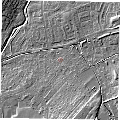 Shaded relief map of the ground around LU73LT, computed from Environment Agency LiDAR. The ground here sits at about 87 m above sea level and falls 13 m across the surrounding 800 m. Surface water reaching this point runs off ground lying to the south-east, 1.5 m higher.