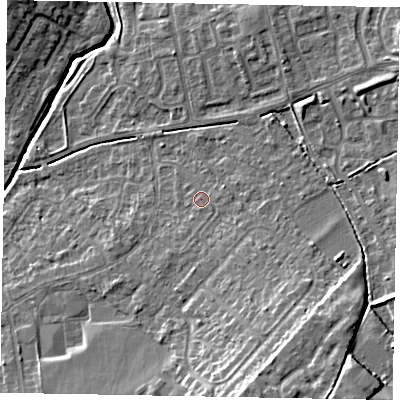 Shaded relief map of the ground around LU73LU, computed from Environment Agency LiDAR. The ground here sits at about 87 m above sea level and falls 14 m across the surrounding 800 m. Surface water reaching this point runs off ground lying to the south-south-east, 5.6 m higher.