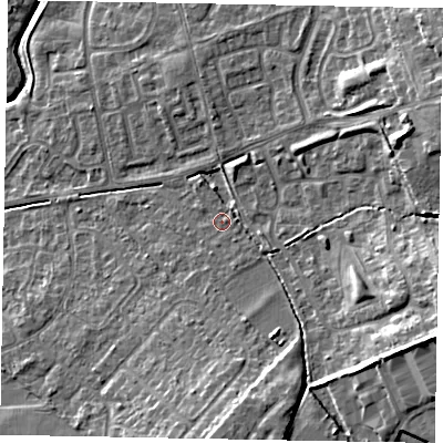 Shaded relief map of the ground around LU73NH, computed from Environment Agency LiDAR. The ground here sits at about 88 m above sea level and falls 15 m across the surrounding 800 m. Surface water reaching this point runs off ground lying to the east-south-east, 11.1 m higher.