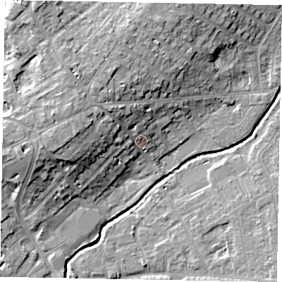 Shaded relief map of the ground around LU73NT, computed from Environment Agency LiDAR. The ground here sits at about 87 m above sea level and falls 15 m across the surrounding 800 m. Surface water reaching this point runs off ground lying to the west-north-west, 10.3 m higher.