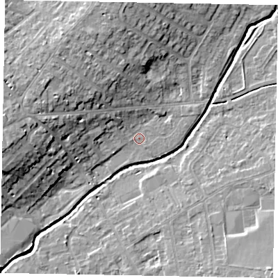 Shaded relief map of the ground around LU73NU, computed from Environment Agency LiDAR. The ground here sits at about 85 m above sea level and falls 14 m across the surrounding 800 m. Surface water reaching this point runs off ground lying to the west, 11.7 m higher.