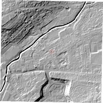 Shaded relief map of the ground around LU73NY, computed from Environment Agency LiDAR. The ground here sits at about 85 m above sea level and falls 17 m across the surrounding 800 m. Surface water reaching this point runs off ground lying to the east-south-east, 6.1 m higher.