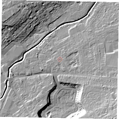 Shaded relief map of the ground around LU73PA, computed from Environment Agency LiDAR. The ground here sits at about 86 m above sea level and falls 17 m across the surrounding 800 m. Surface water reaching this point runs off ground lying to the east-south-east, 5.8 m higher.