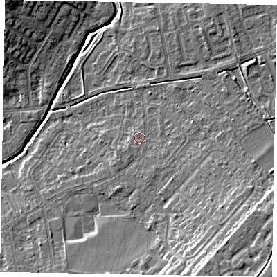 Shaded relief map of the ground around LU73PD, computed from Environment Agency LiDAR. The ground here sits at about 87 m above sea level and falls 14 m across the surrounding 800 m. Surface water reaching this point runs off ground lying to the south-east, 1.5 m higher.