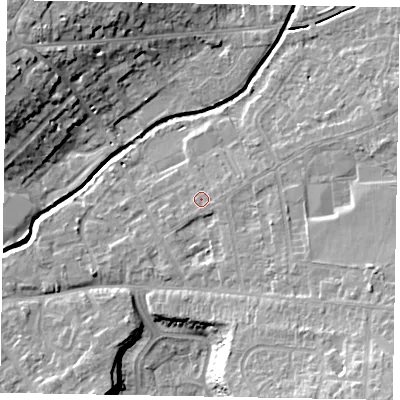 Shaded relief map of the ground around LU73PG, computed from Environment Agency LiDAR. The ground here sits at about 86 m above sea level and falls 16 m across the surrounding 800 m. Surface water reaching this point runs off ground lying to the south-east, 9.5 m higher.