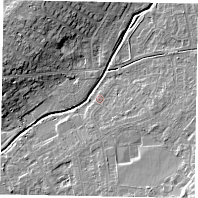 Shaded relief map of the ground around LU73PH, computed from Environment Agency LiDAR. The ground here sits at about 85 m above sea level and falls 13 m across the surrounding 800 m. Surface water reaching this point runs off ground lying to the south-east, 2.2 m higher.