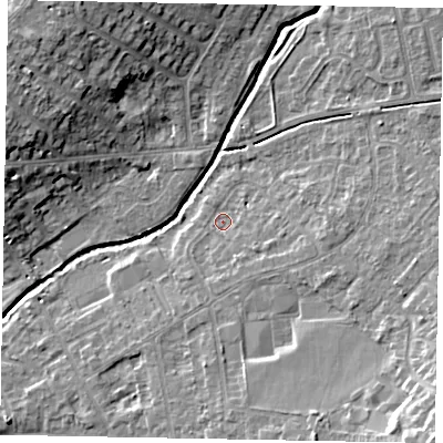 Shaded relief map of the ground around LU73PJ, computed from Environment Agency LiDAR. The ground here sits at about 85 m above sea level and falls 14 m across the surrounding 800 m. Surface water reaching this point runs off ground lying to the south-east, 2.2 m higher.