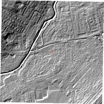 Shaded relief map of the ground around LU73PR, computed from Environment Agency LiDAR. The ground here sits at about 86 m above sea level and falls 13 m across the surrounding 800 m. Surface water reaching this point runs off ground lying to the south-south-east, 2.4 m higher.