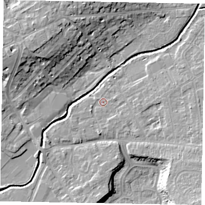Shaded relief map of the ground around LU73PS, computed from Environment Agency LiDAR. The ground here sits at about 85 m above sea level and falls 17 m across the surrounding 800 m. Surface water reaching this point runs off ground lying to the south-south-east, 1.6 m higher.