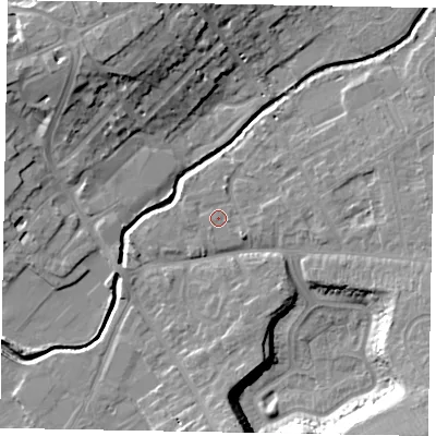 Shaded relief map of the ground around LU73PT, computed from Environment Agency LiDAR. The ground here sits at about 85 m above sea level and falls 17 m across the surrounding 800 m. Surface water reaching this point runs off ground lying to the south-east, 1.6 m higher.