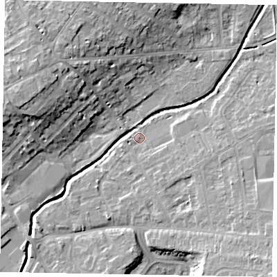 Shaded relief map of the ground around LU73PY, computed from Environment Agency LiDAR. The ground here sits at about 84 m above sea level and falls 15 m across the surrounding 800 m. Surface water reaching this point runs off ground lying to the south-east, 7.4 m higher.