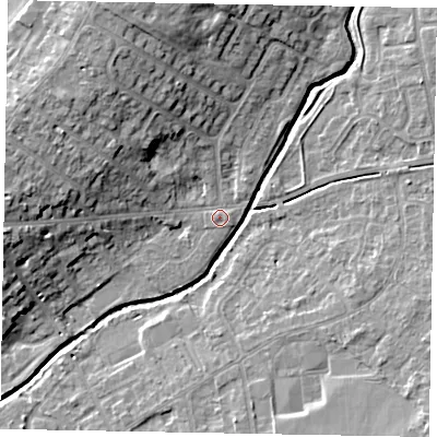 Shaded relief map of the ground around LU73QJ, computed from Environment Agency LiDAR. The ground here sits at about 85 m above sea level and falls 14 m across the surrounding 800 m. Surface water reaching this point runs off ground lying to the north-north-west, 11.3 m higher.