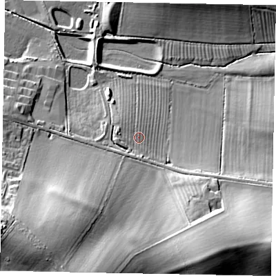 Shaded relief map of the ground around LU73RH, computed from Environment Agency LiDAR. The ground here sits at about 99 m above sea level and falls 26 m across the surrounding 800 m. The ground contributing surface water to this point lies to the south.