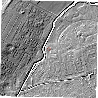 Shaded relief map of the ground around LU73TT, computed from Environment Agency LiDAR. The ground here sits at about 86 m above sea level and falls 14 m across the surrounding 800 m. Surface water reaching this point runs off ground lying to the south-east, 2.0 m higher.