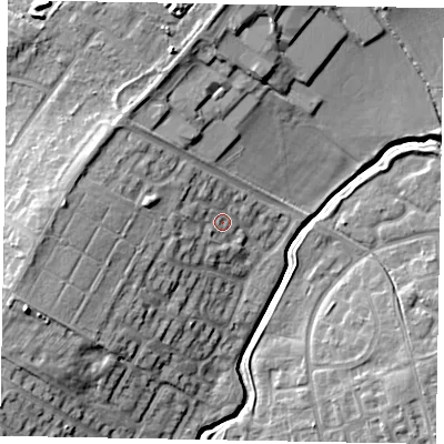 Shaded relief map of the ground around LU73UJ, computed from Environment Agency LiDAR. The ground here sits at about 89 m above sea level and falls 14 m across the surrounding 800 m. Surface water reaching this point runs off ground lying to the west, 8.5 m higher.