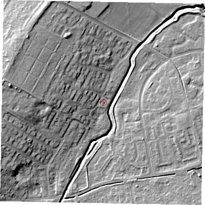 Shaded relief map of the ground around LU73UR, computed from Environment Agency LiDAR. The ground here sits at about 86 m above sea level and falls 15 m across the surrounding 800 m. Surface water reaching this point runs off ground lying to the west-north-west, 10.3 m higher.