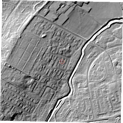 Shaded relief map of the ground around LU73UT, computed from Environment Agency LiDAR. The ground here sits at about 88 m above sea level and falls 15 m across the surrounding 800 m. Surface water reaching this point runs off ground lying to the west, 6.0 m higher.