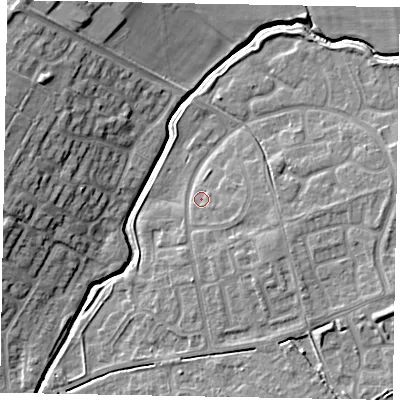 Shaded relief map of the ground around LU73XE, computed from Environment Agency LiDAR. The ground here sits at about 87 m above sea level and falls 12 m across the surrounding 800 m. Surface water reaching this point runs off ground lying to the south-east, 3.2 m higher.