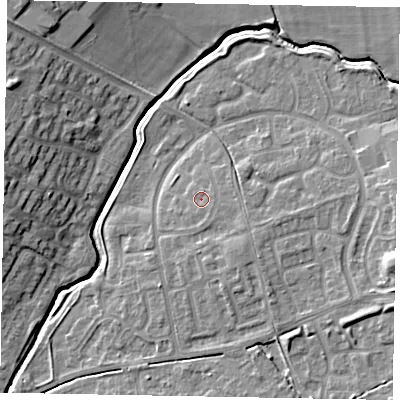 Shaded relief map of the ground around LU73XF, computed from Environment Agency LiDAR. The ground here sits at about 87 m above sea level and falls 11 m across the surrounding 800 m. Surface water reaching this point runs off ground lying to the south-east, 0.9 m higher.