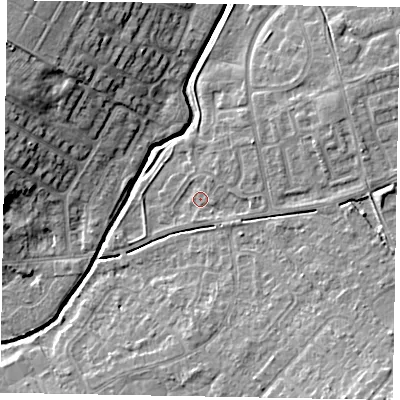 Shaded relief map of the ground around LU73XG, computed from Environment Agency LiDAR. The ground here sits at about 86 m above sea level and falls 13 m across the surrounding 800 m. Surface water reaching this point runs off ground lying to the south-east, 4.0 m higher.