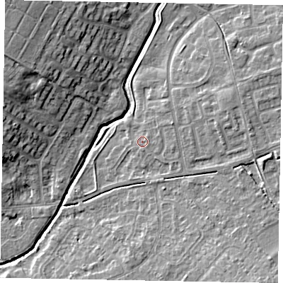 Shaded relief map of the ground around LU73XQ, computed from Environment Agency LiDAR. The ground here sits at about 86 m above sea level and falls 13 m across the surrounding 800 m. Surface water reaching this point runs off ground lying to the east-north-east, 0.9 m higher.