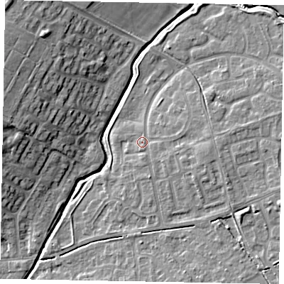 Shaded relief map of the ground around LU73XR, computed from Environment Agency LiDAR. The ground here sits at about 87 m above sea level and falls 12 m across the surrounding 800 m. Surface water reaching this point runs off ground lying to the east, 2.7 m higher.
