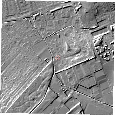 Shaded relief map of the ground around LU73XS, computed from Environment Agency LiDAR. The ground here sits at about 89 m above sea level and falls 13 m across the surrounding 800 m. Surface water reaching this point runs off ground lying to the east, 9.6 m higher.