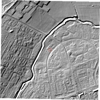 Shaded relief map of the ground around LU73XW, computed from Environment Agency LiDAR. The ground here sits at about 86 m above sea level and falls 12 m across the surrounding 800 m. Surface water reaching this point runs off ground lying to the east, 4.3 m higher.