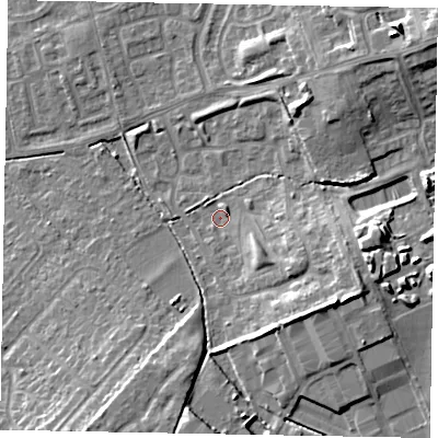 Shaded relief map of the ground around LU73YB, computed from Environment Agency LiDAR. The ground here sits at about 89 m above sea level and falls 14 m across the surrounding 800 m. Surface water reaching this point runs off ground lying to the east-south-east, 5.7 m higher.