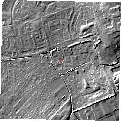 Shaded relief map of the ground around LU73YG, computed from Environment Agency LiDAR. The ground here sits at about 88 m above sea level and falls 15 m across the surrounding 800 m. Surface water reaching this point runs off ground lying to the east-south-east, 9.6 m higher.