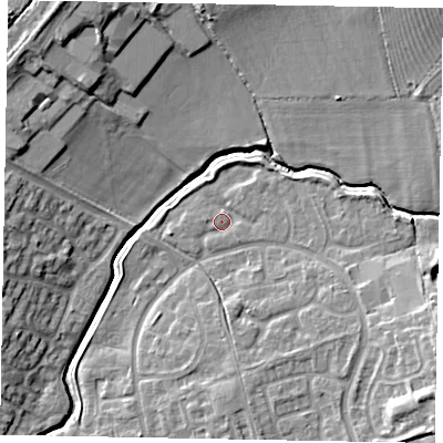 Shaded relief map of the ground around LU73YN, computed from Environment Agency LiDAR. The ground here sits at about 87 m above sea level and falls 14 m across the surrounding 800 m. Surface water reaching this point runs off ground lying to the east-south-east, 3.0 m higher.