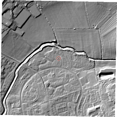 Shaded relief map of the ground around LU73YW, computed from Environment Agency LiDAR. The ground here sits at about 87 m above sea level and falls 14 m across the surrounding 800 m. Surface water reaching this point runs off ground lying to the south-east, 2.6 m higher.