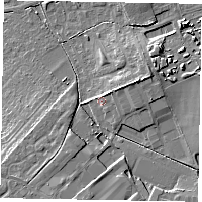 Shaded relief map of the ground around LU74GP, computed from Environment Agency LiDAR. The ground here sits at about 92 m above sea level and falls 13 m across the surrounding 800 m. Surface water reaching this point runs off ground lying to the north-east, 3.6 m higher.